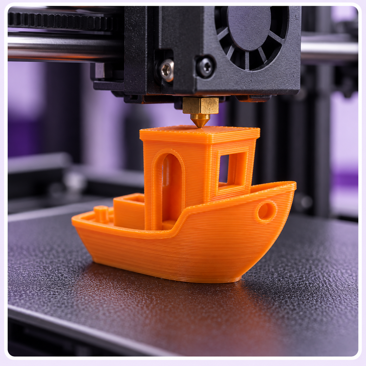 An orange Benchy boat being printed by a 3D printer
